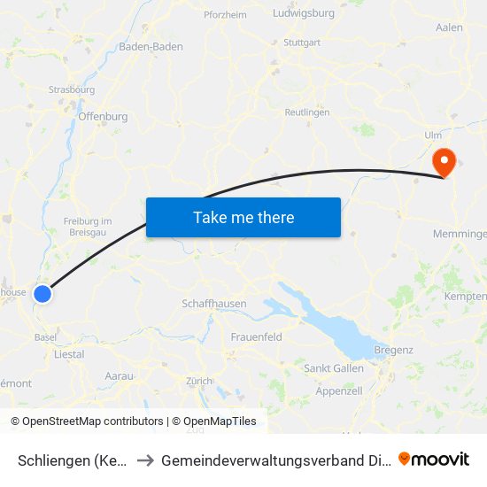 Schliengen (Kernort) to Gemeindeverwaltungsverband Dietenheim map