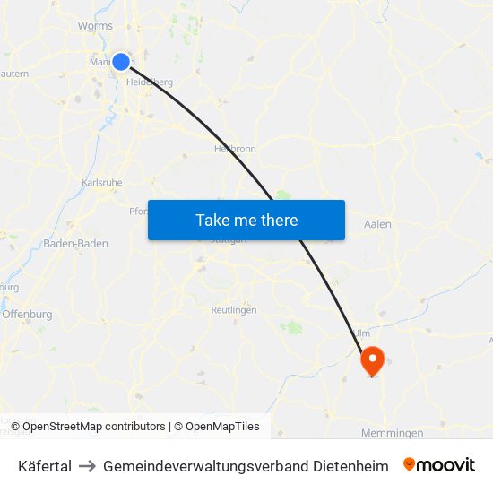 Käfertal to Gemeindeverwaltungsverband Dietenheim map