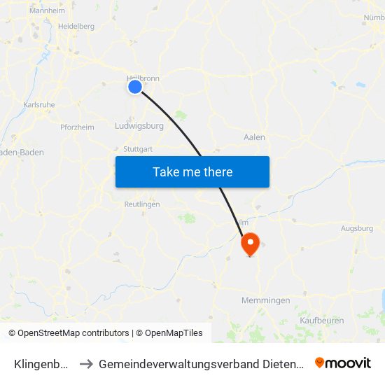 Klingenberg to Gemeindeverwaltungsverband Dietenheim map