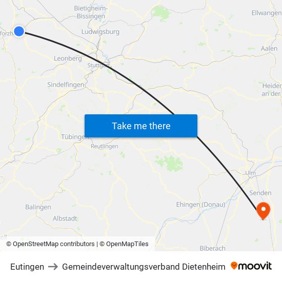 Eutingen to Gemeindeverwaltungsverband Dietenheim map