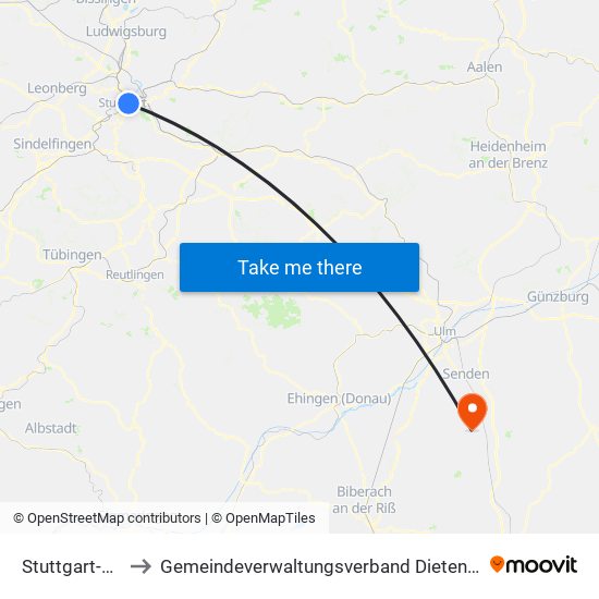 Stuttgart-Ost to Gemeindeverwaltungsverband Dietenheim map