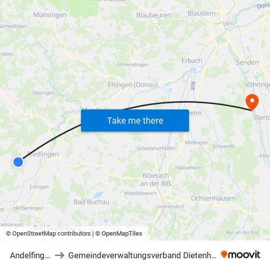 Andelfingen to Gemeindeverwaltungsverband Dietenheim map