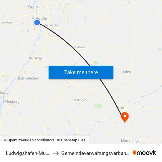 Ludwigshafen-Mundenheim to Gemeindeverwaltungsverband Dietenheim map