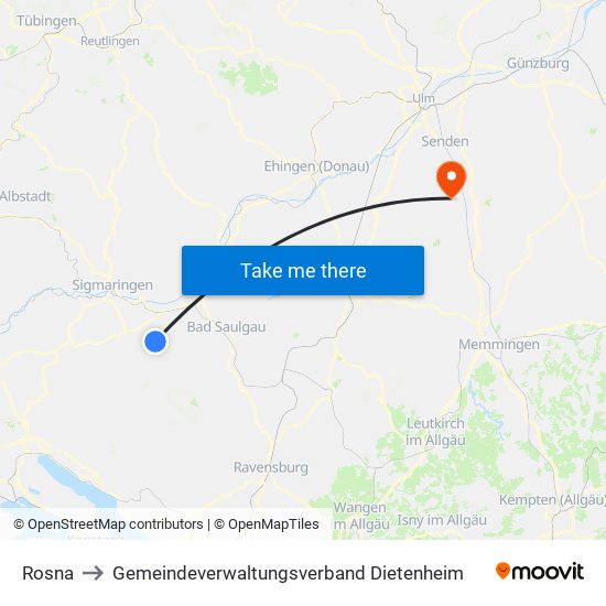 Rosna to Gemeindeverwaltungsverband Dietenheim map