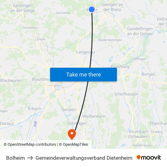 Bolheim to Gemeindeverwaltungsverband Dietenheim map