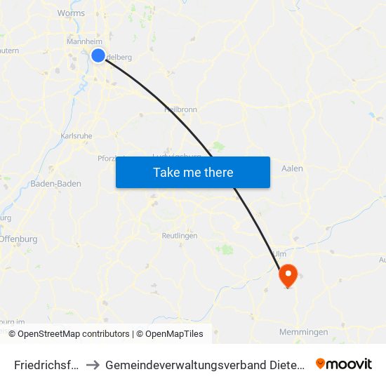 Friedrichsfeld to Gemeindeverwaltungsverband Dietenheim map