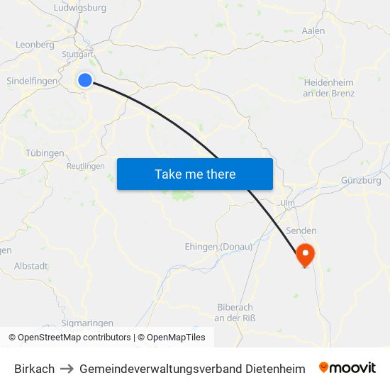 Birkach to Gemeindeverwaltungsverband Dietenheim map