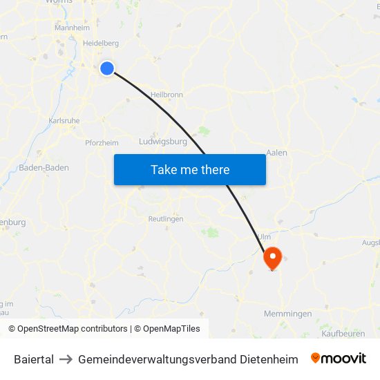 Baiertal to Gemeindeverwaltungsverband Dietenheim map