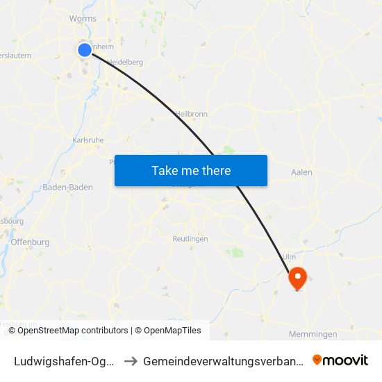 Ludwigshafen-Oggersheim to Gemeindeverwaltungsverband Dietenheim map