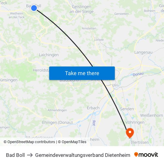 Bad Boll to Gemeindeverwaltungsverband Dietenheim map