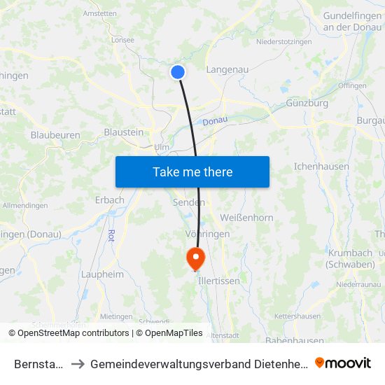 Bernstadt to Gemeindeverwaltungsverband Dietenheim map