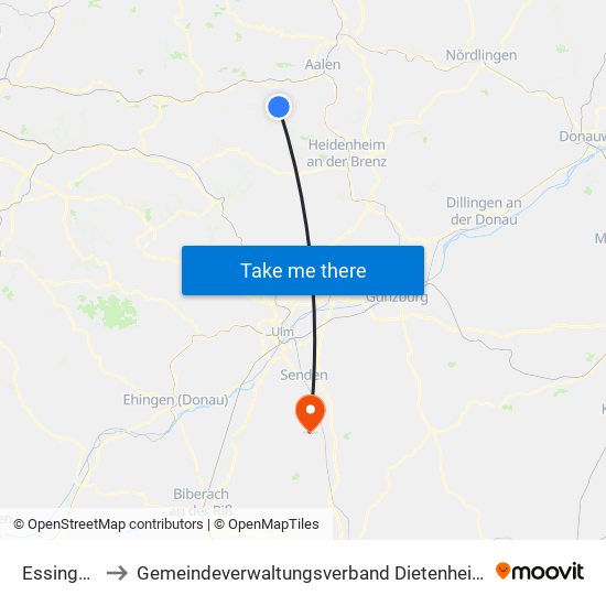 Essingen to Gemeindeverwaltungsverband Dietenheim map