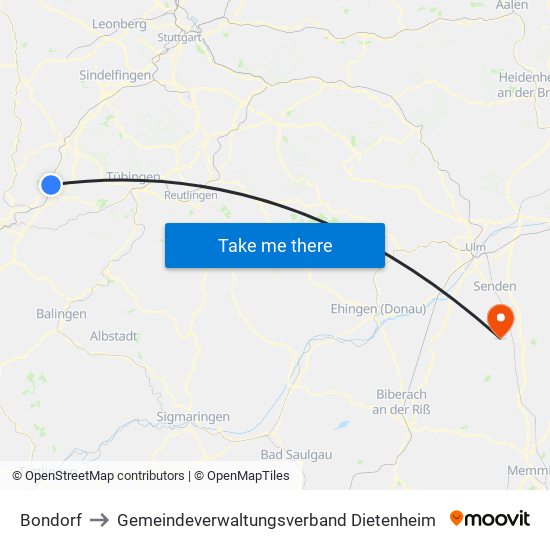 Bondorf to Gemeindeverwaltungsverband Dietenheim map