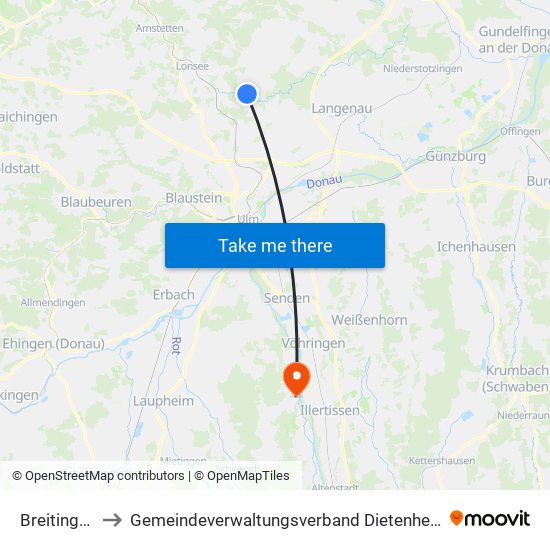 Breitingen to Gemeindeverwaltungsverband Dietenheim map