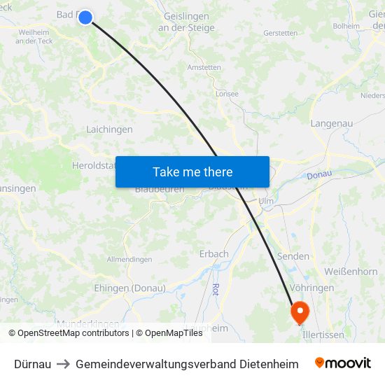 Dürnau to Gemeindeverwaltungsverband Dietenheim map