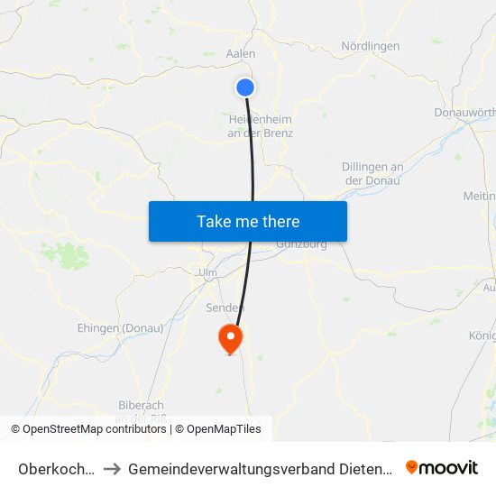 Oberkochen to Gemeindeverwaltungsverband Dietenheim map