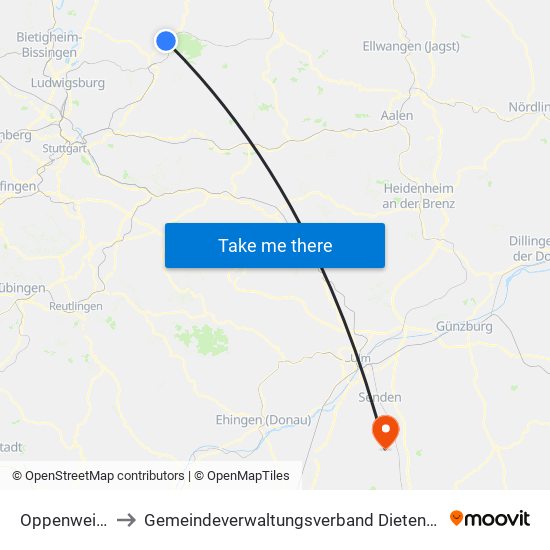 Oppenweiler to Gemeindeverwaltungsverband Dietenheim map