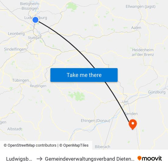 Ludwigsburg to Gemeindeverwaltungsverband Dietenheim map