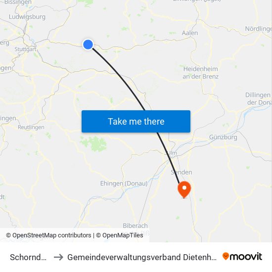 Schorndorf to Gemeindeverwaltungsverband Dietenheim map