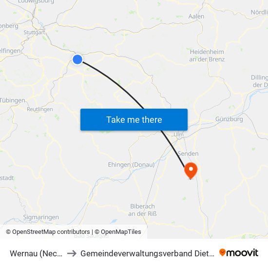 Wernau (Neckar) to Gemeindeverwaltungsverband Dietenheim map