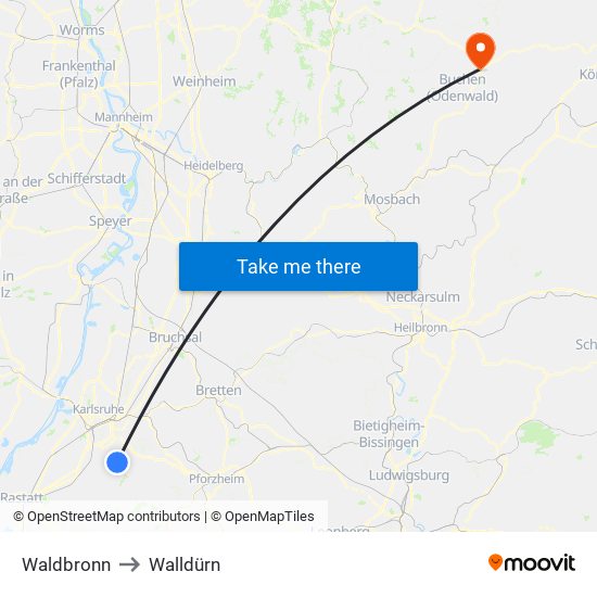 Waldbronn to Walldürn map