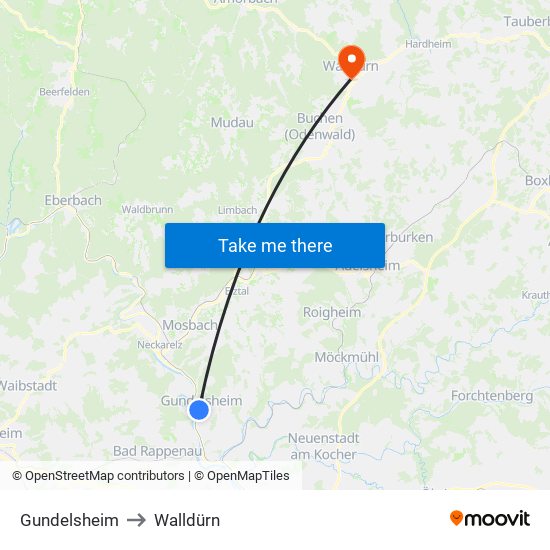 Gundelsheim to Walldürn map