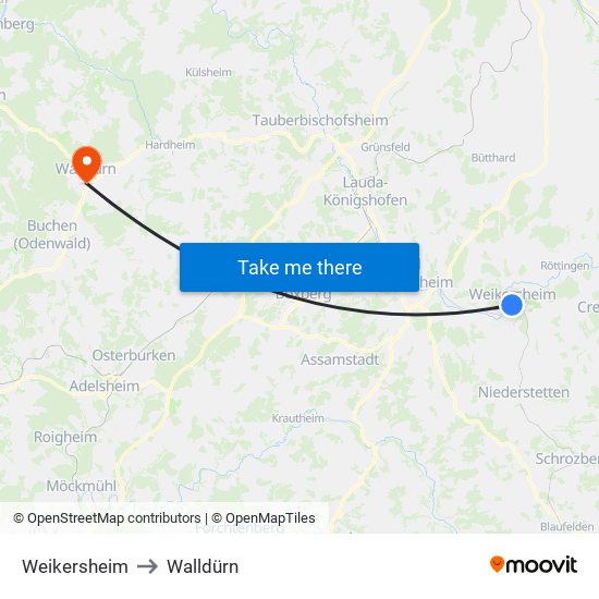 Weikersheim to Walldürn map