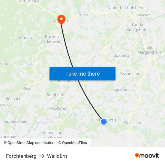 Forchtenberg to Walldürn map