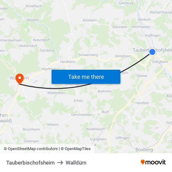 Tauberbischofsheim to Walldürn map