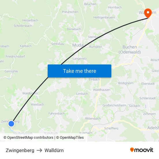 Zwingenberg to Walldürn map