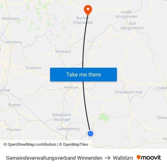 Gemeindeverwaltungsverband Winnenden to Walldürn map