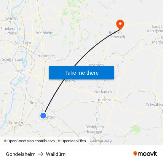 Gondelsheim to Walldürn map