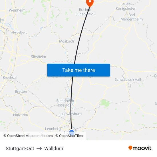 Stuttgart-Ost to Walldürn map