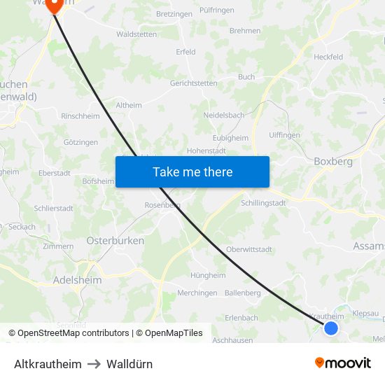 Altkrautheim to Walldürn map