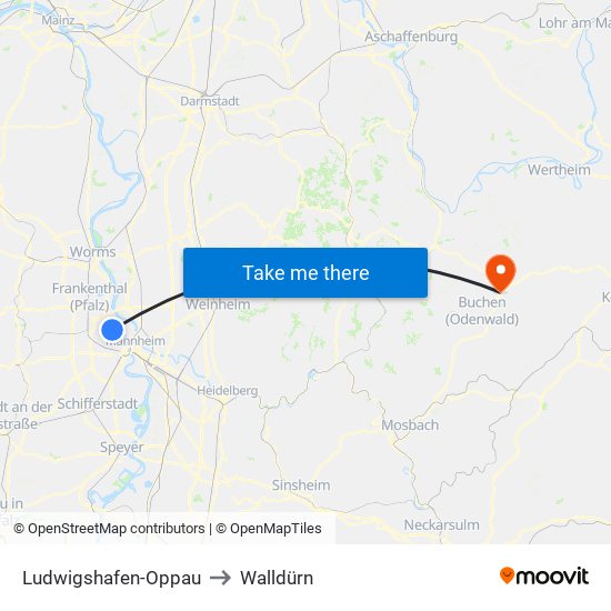 Ludwigshafen-Oppau to Walldürn map