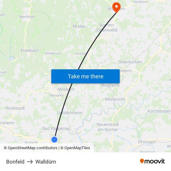 Bonfeld to Walldürn map