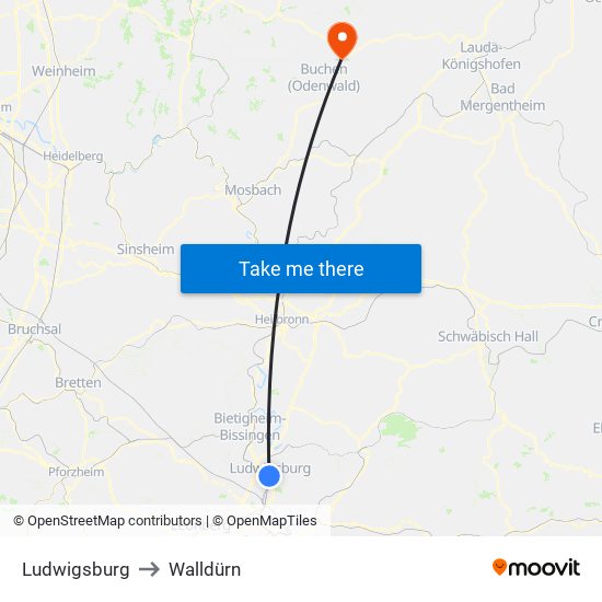 Ludwigsburg to Walldürn map