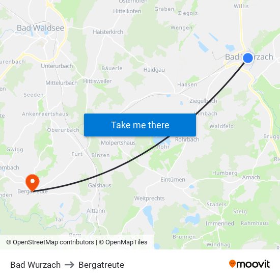 Bad Wurzach to Bergatreute map