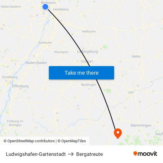 Ludwigshafen-Gartenstadt to Bergatreute map