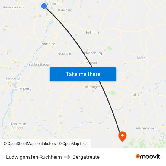 Ludwigshafen-Ruchheim to Bergatreute map