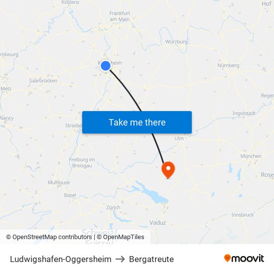 Ludwigshafen-Oggersheim to Bergatreute map