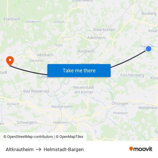Altkrautheim to Helmstadt-Bargen map