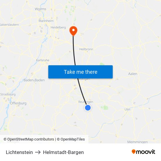 Lichtenstein to Helmstadt-Bargen map