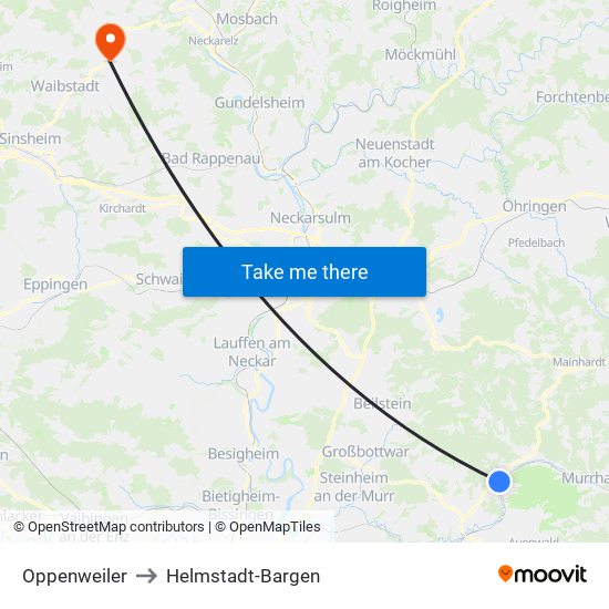 Oppenweiler to Helmstadt-Bargen map
