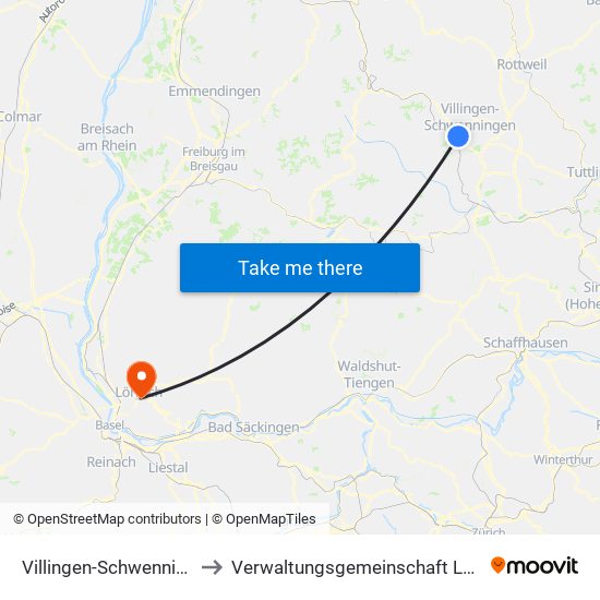 Villingen-Schwenningen to Verwaltungsgemeinschaft Lörrach map