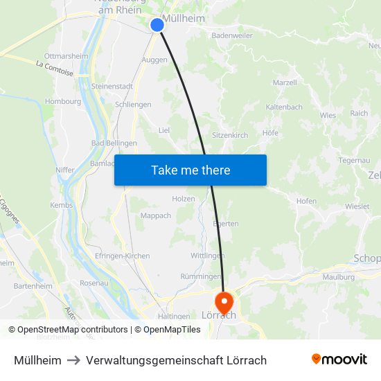 Müllheim to Verwaltungsgemeinschaft Lörrach map