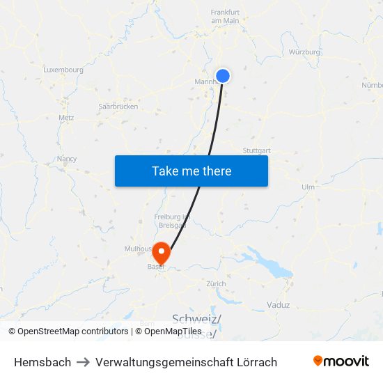 Hemsbach to Verwaltungsgemeinschaft Lörrach map