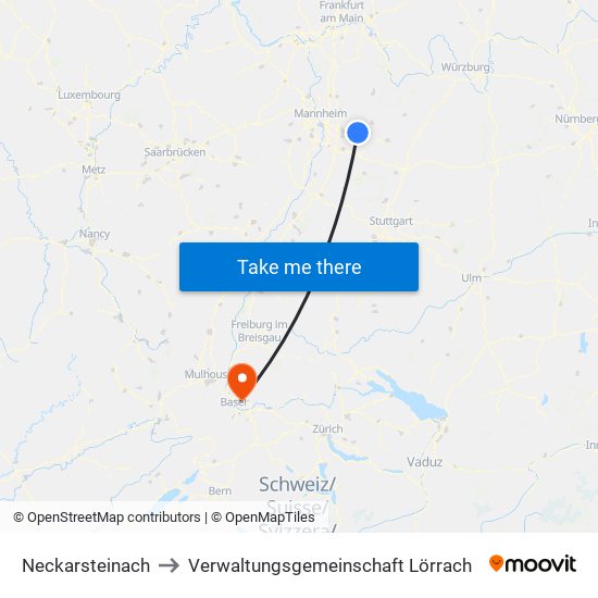 Neckarsteinach to Verwaltungsgemeinschaft Lörrach map