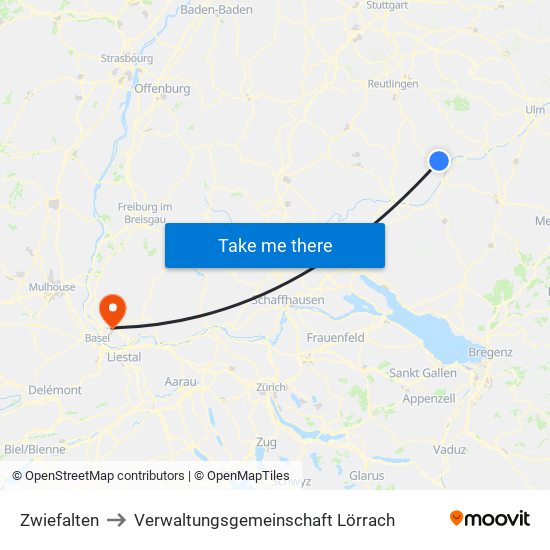 Zwiefalten to Verwaltungsgemeinschaft Lörrach map
