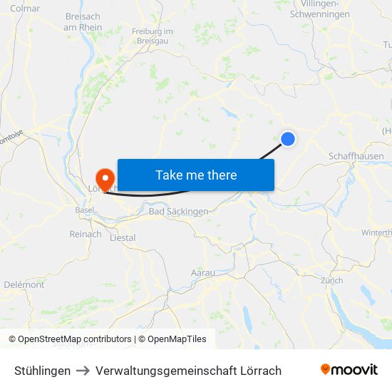 Stühlingen to Verwaltungsgemeinschaft Lörrach map